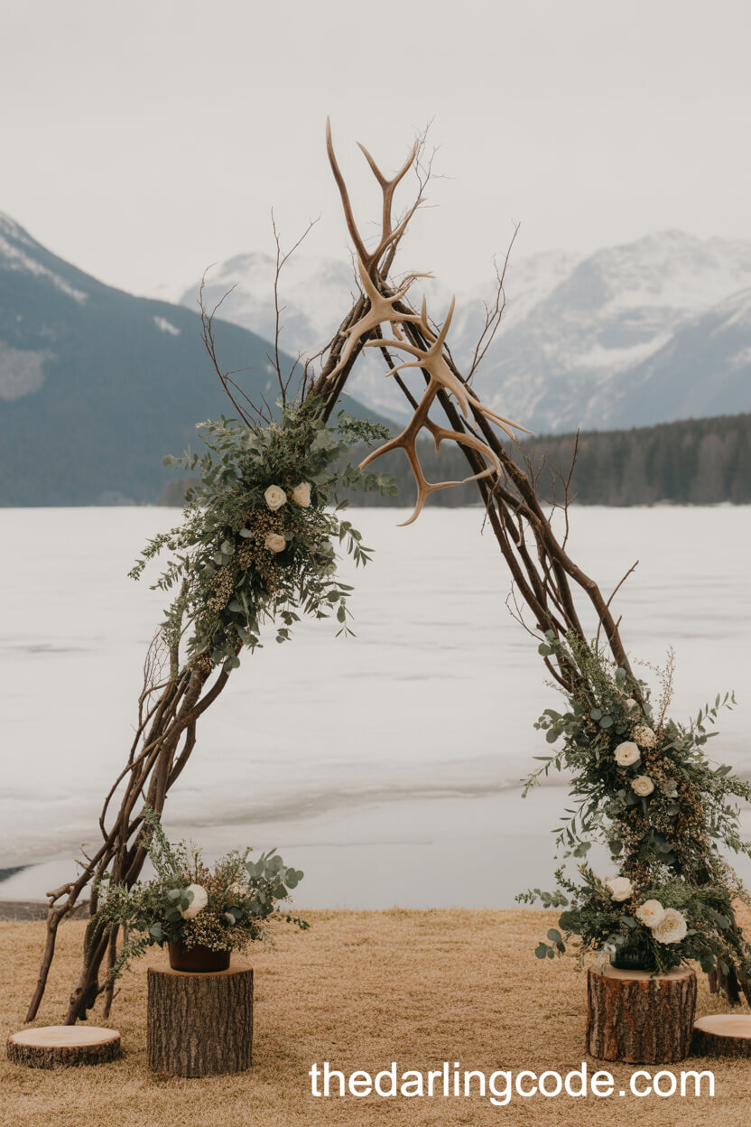 Branch And Deer Antler Arch By A Frozen Lake
