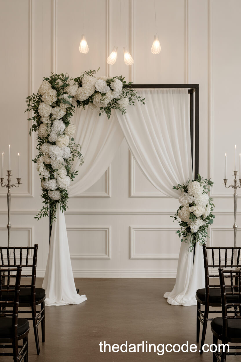 Modern Black Metal Arch With White Chiffon And Hydrangeas